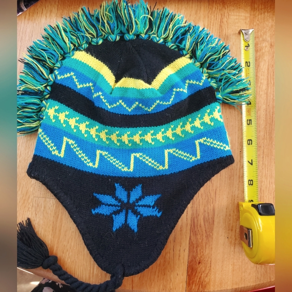 Winter Hat/Beanie/Cap with ties - Blue, Yellow, Green & Black - One Size